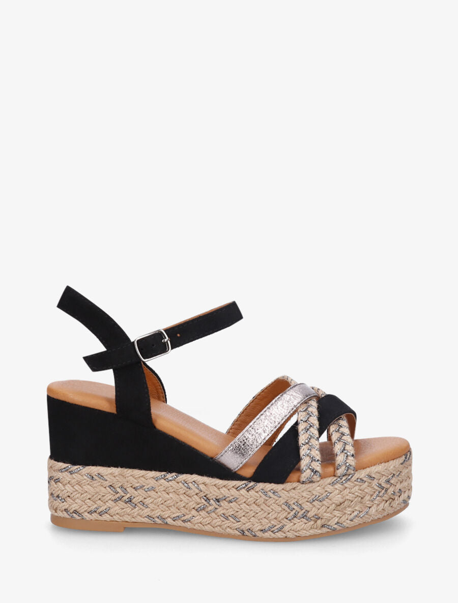 Sandales compensées brides raphia et simili - Noir - 5