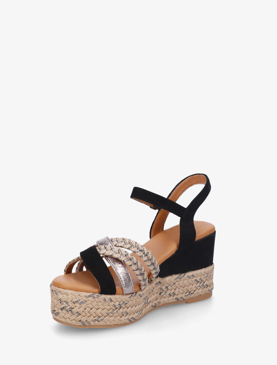 Sandales compensées brides raphia et simili - Noir - 3