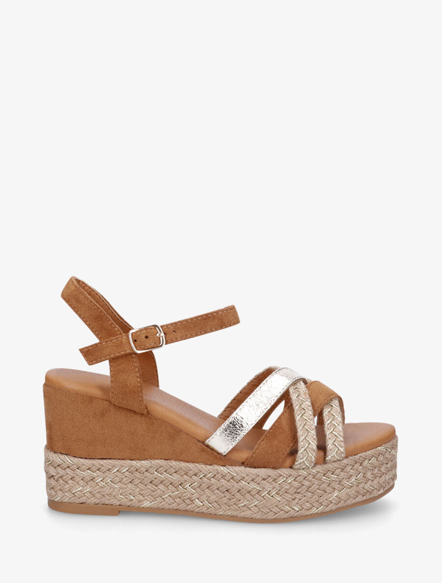 Sandales compensées brides raphia et simili - Camel - 5