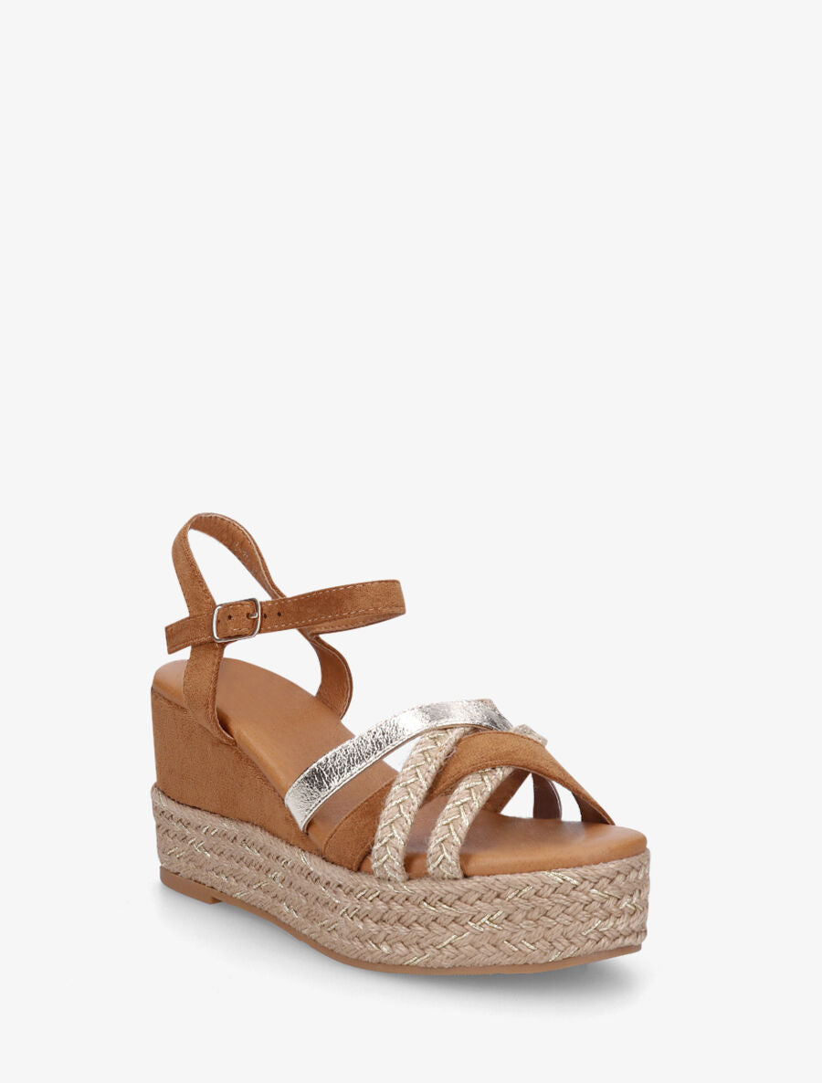 Sandales compensées brides raphia et simili - Camel - 2