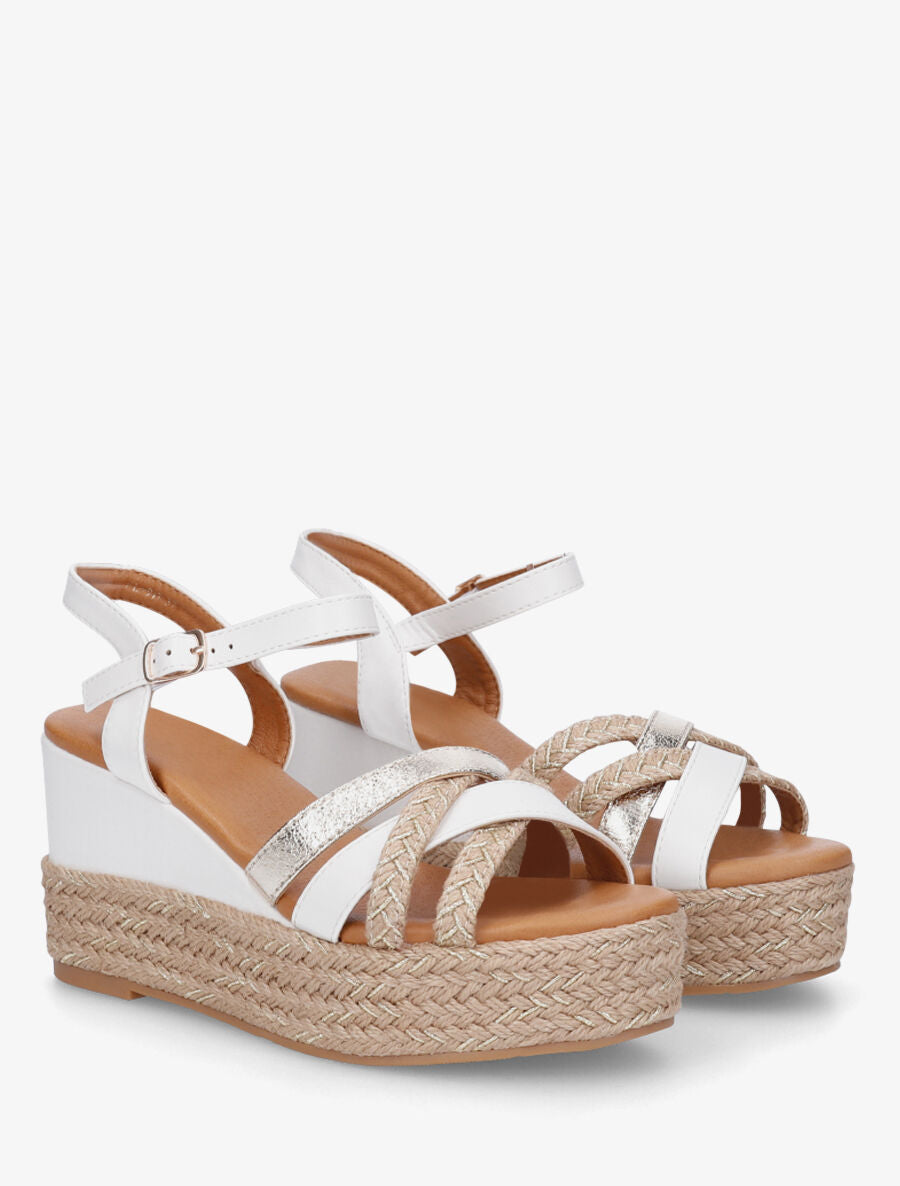 Sandales compensées brides raphia et simili - Blanc - 4