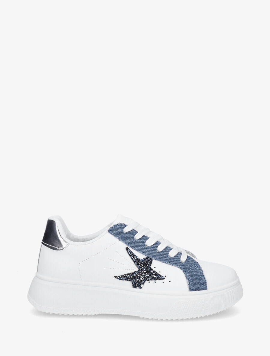 Baskets en simili empiècement fantaisie - Blanc/bleu denim - 5