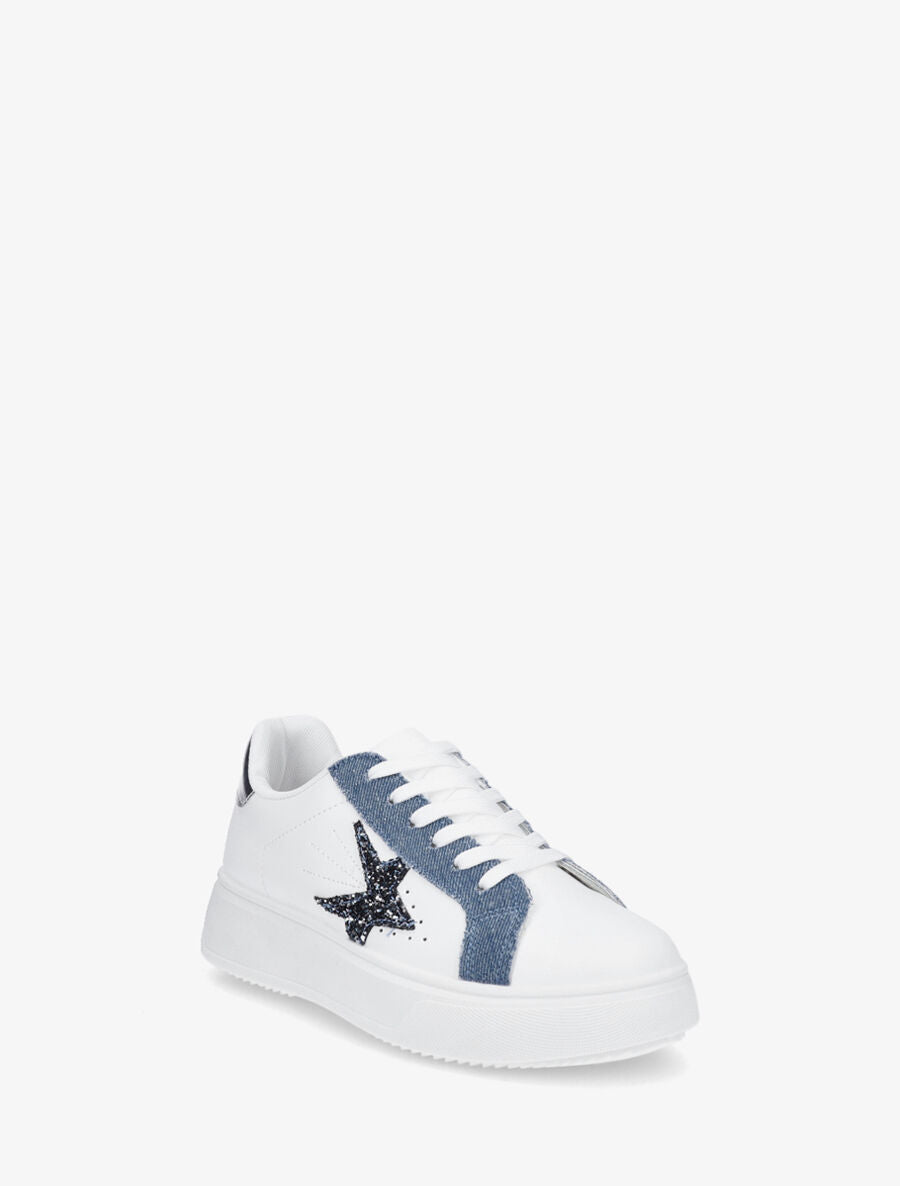 Baskets en simili empiècement fantaisie - Blanc/bleu denim - 2