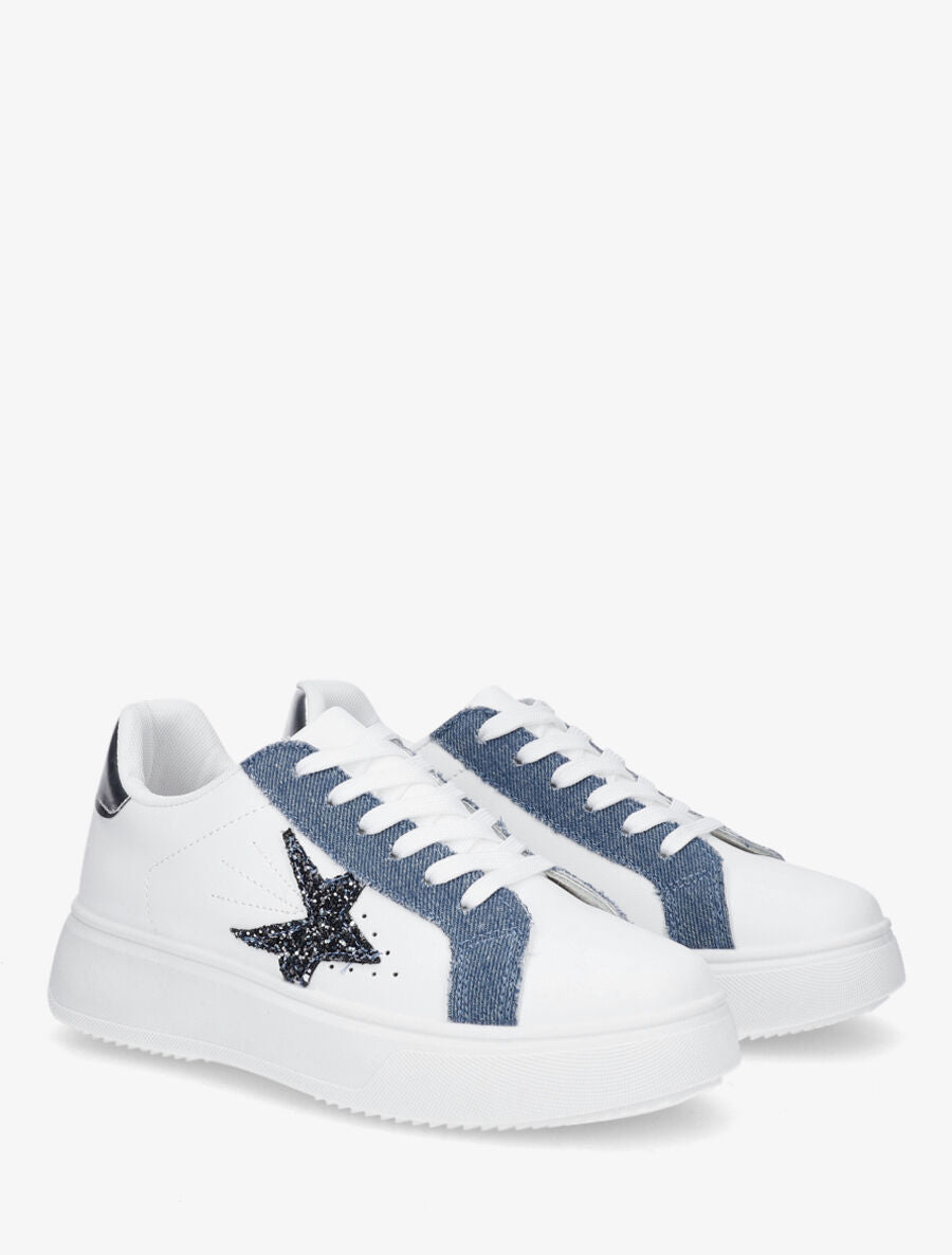 Baskets en simili empiècement fantaisie - Blanc/bleu denim - 4