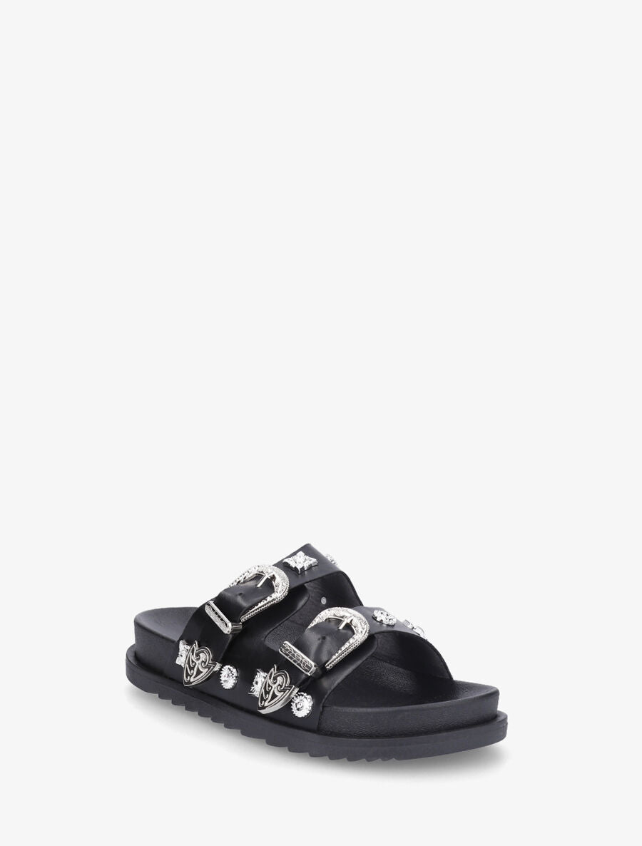 Mules à boucles travaillées et bijoux - Noir - 2