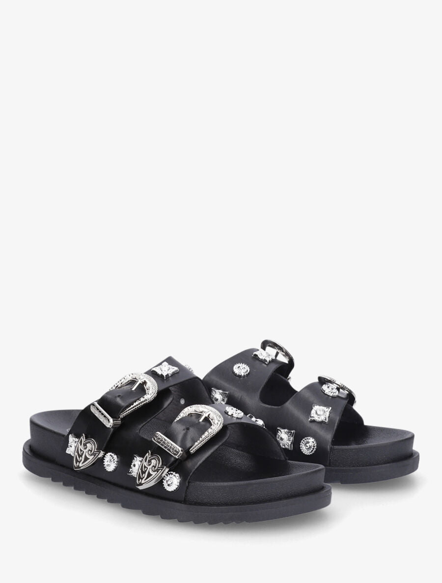 Mules à boucles travaillées et bijoux - Noir - 4