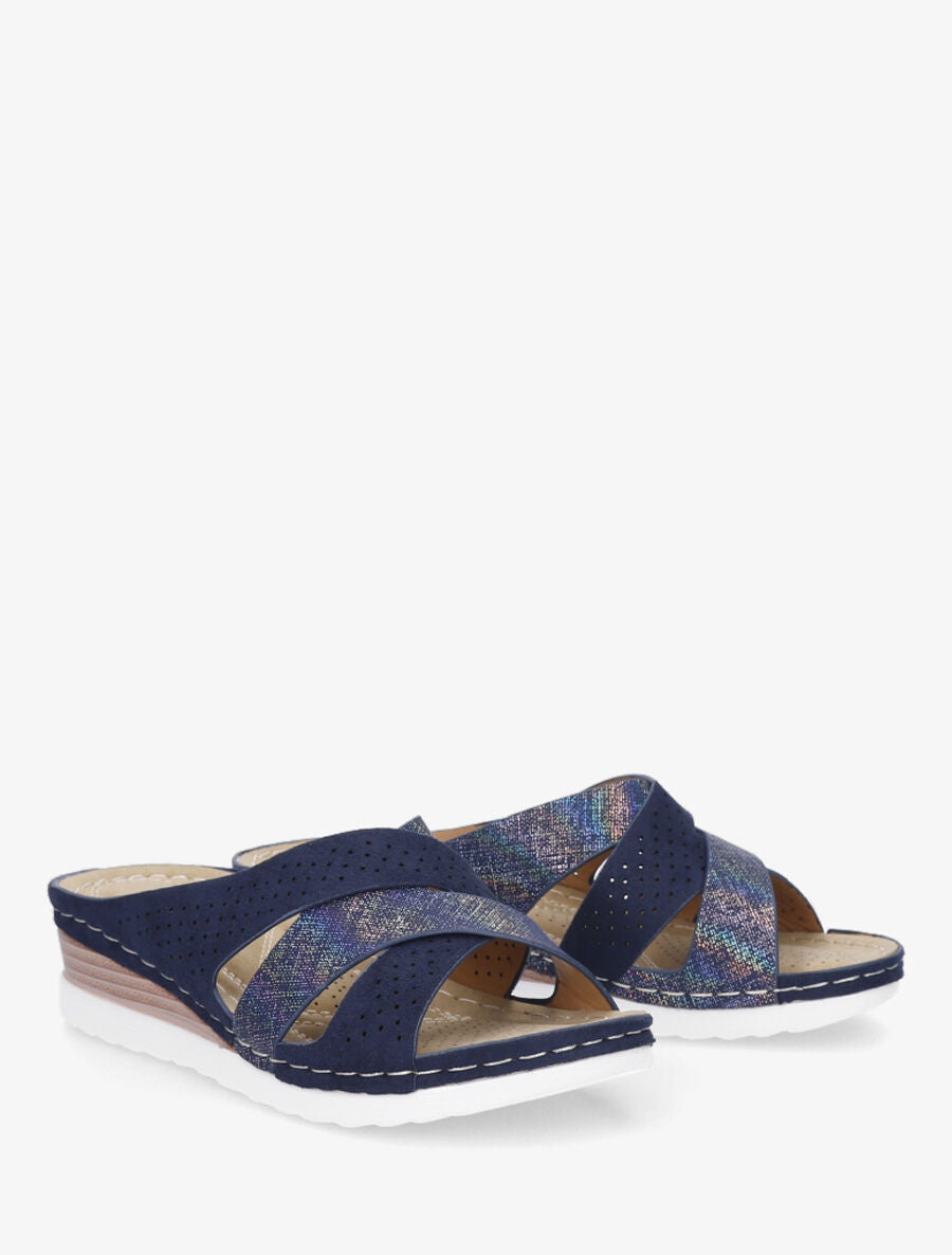 Mules compensées irisées en suédine - Marine - 4