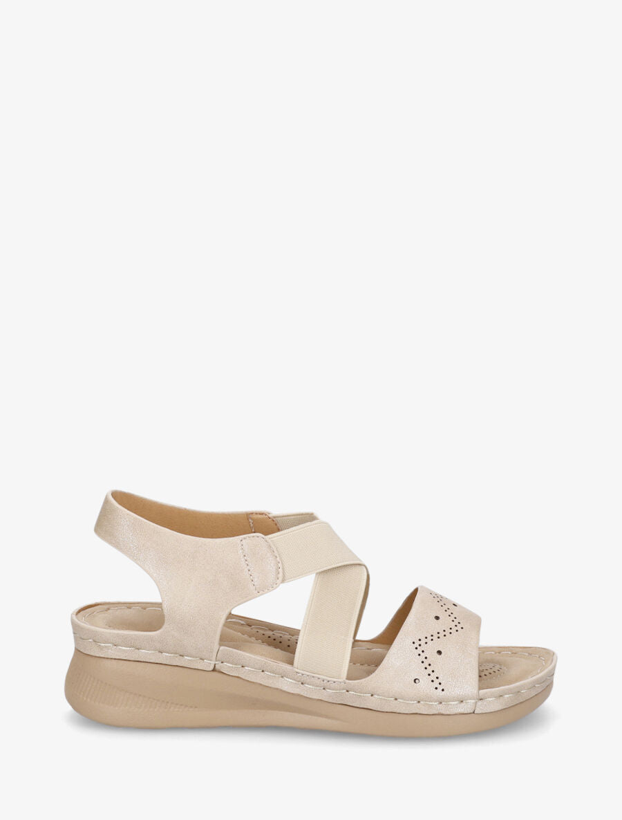 Sandales élastiquées en simili à semelle compensée - Beige - 1