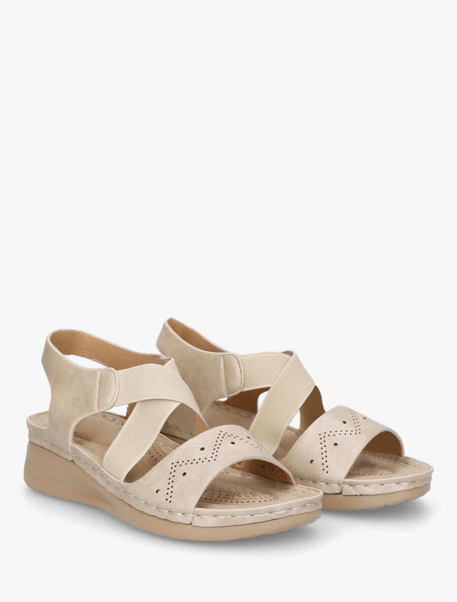 Sandales élastiquées en simili à semelle compensée - Beige - 4