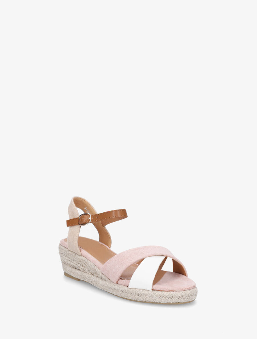 Sandales bi-matière à talon compensé - Rose - 2