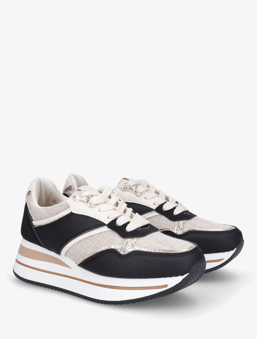 Sneakers compensées à empiècement en tissu - Noir - 4
