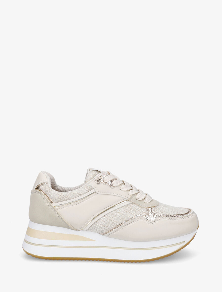 Sneakers compensées à empiècement en tissu - Beige - 1
