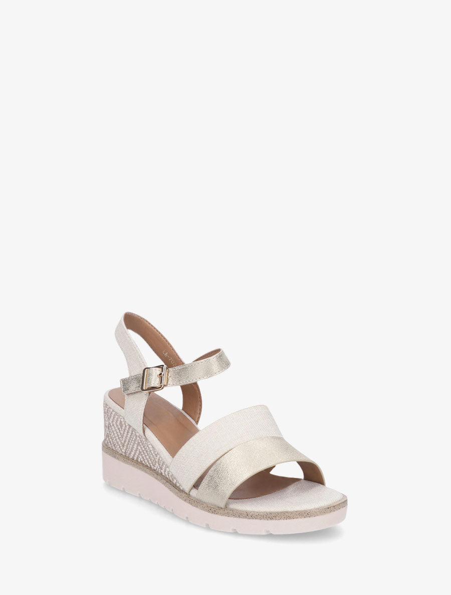Sandales compensées en simili et tissu - Beige - 2