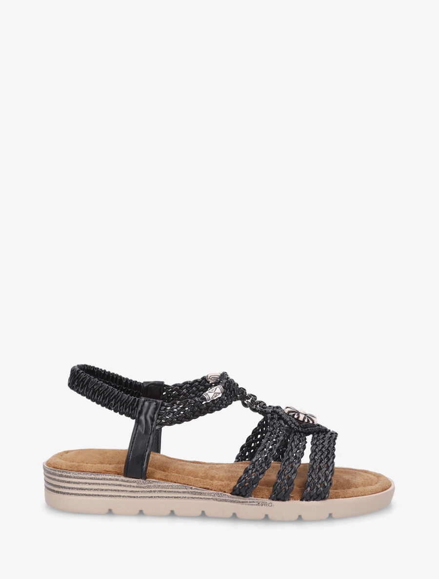 Nu-pieds tressés à bijou fleur - Noir - 1
