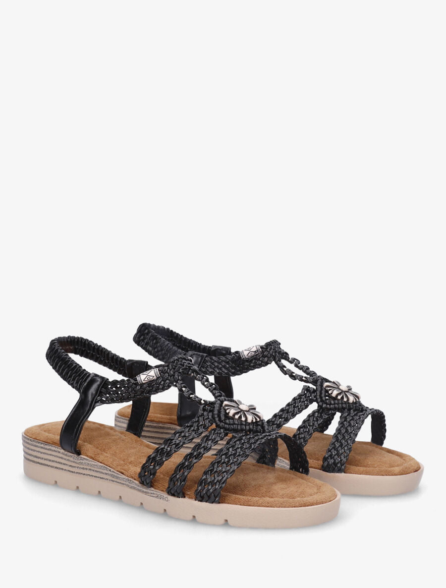 Nu-pieds tressés à bijou fleur - Noir - 4