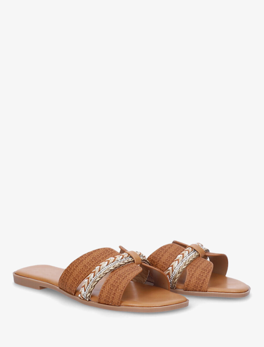 Mules plates à bride style noeud à strass - Camel - 4