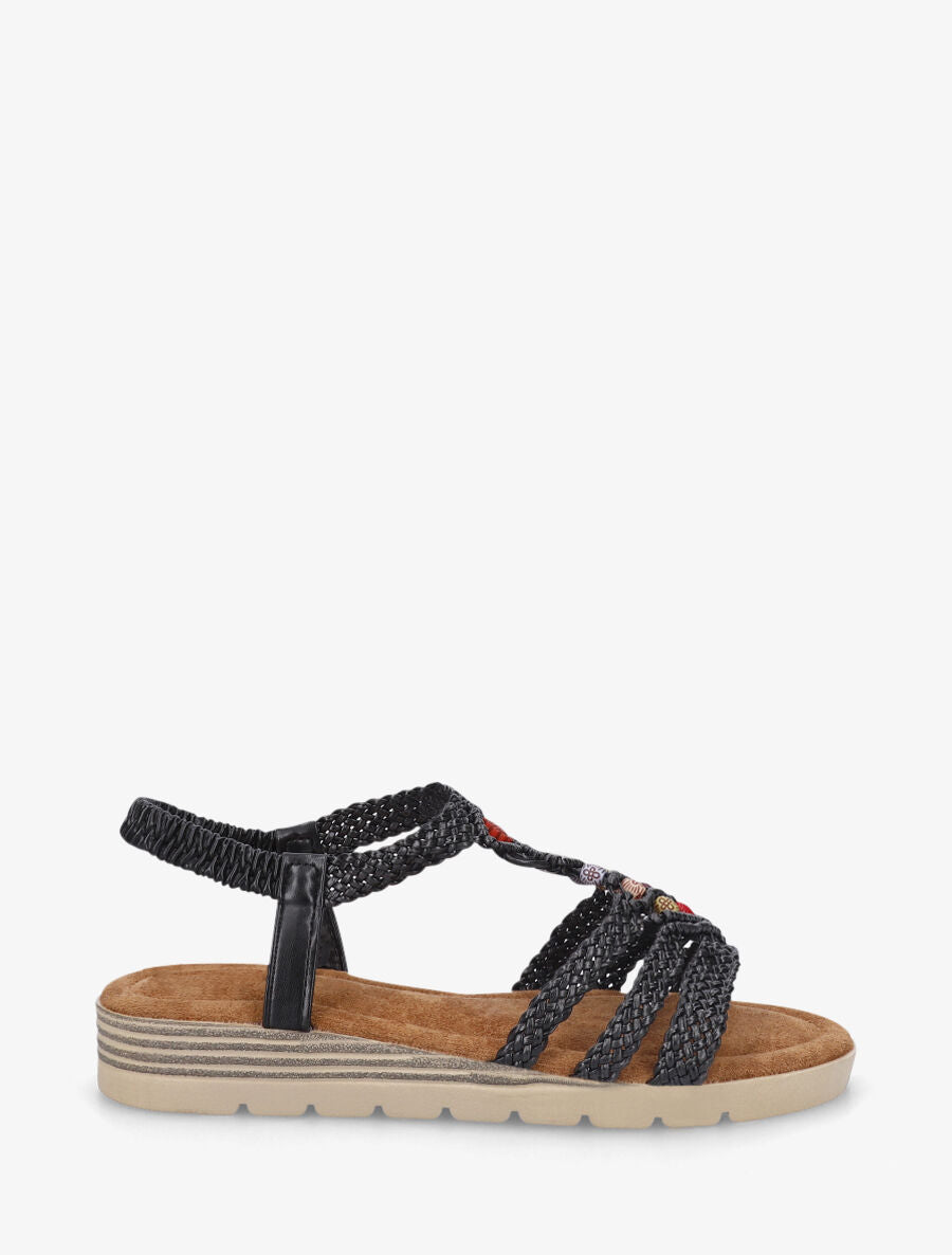Nu-pieds élastiqués à perles en bois - Noir - 5