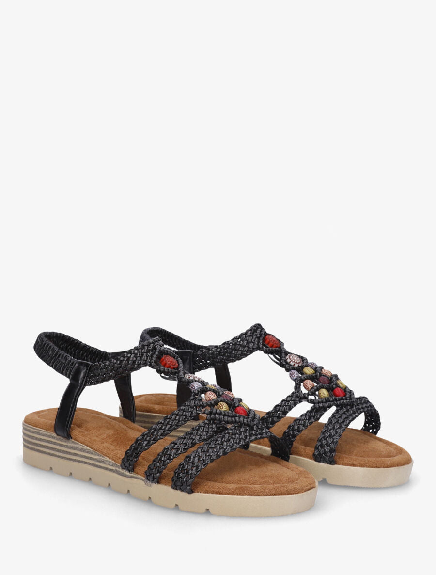 Nu-pieds élastiqués à perles en bois - Noir - 4