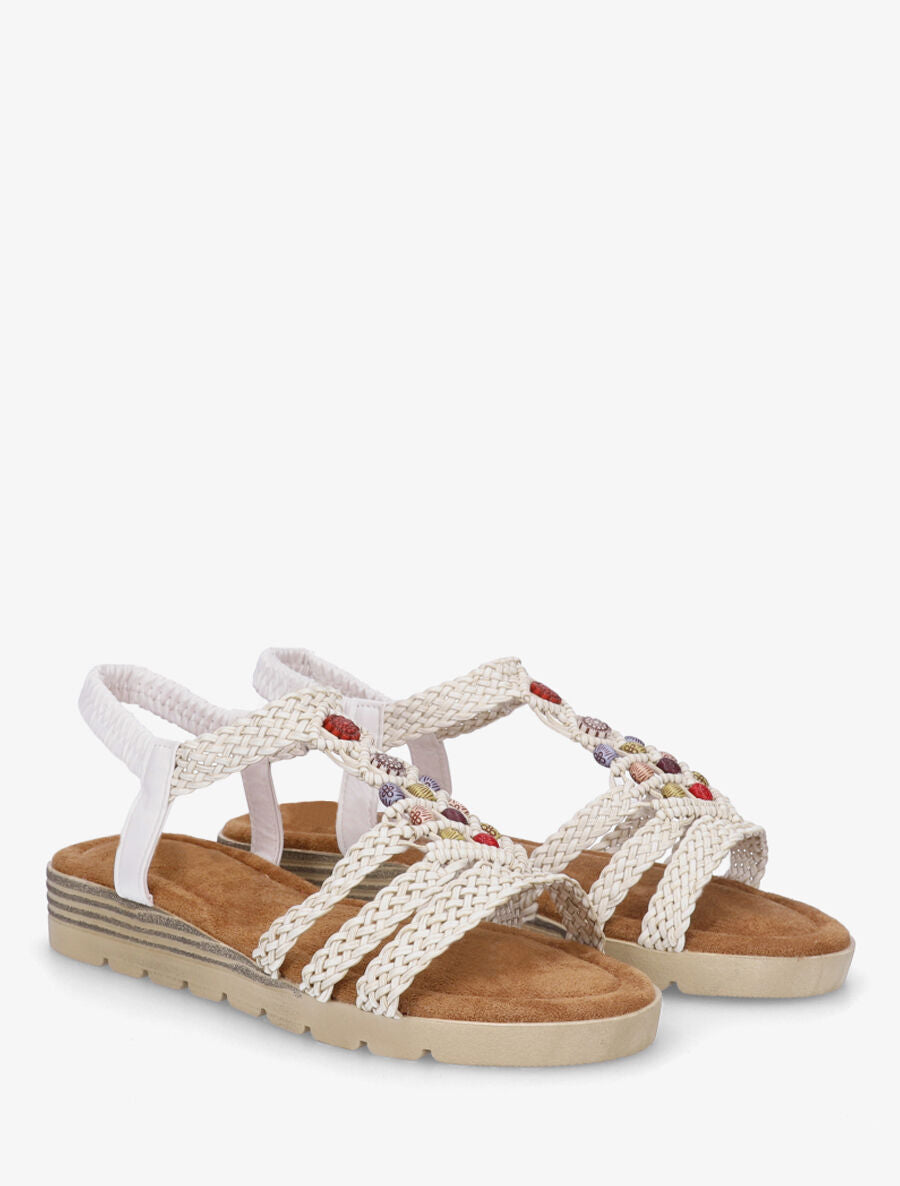 Nu-pieds élastiqués à perles en bois - Blanc - 4