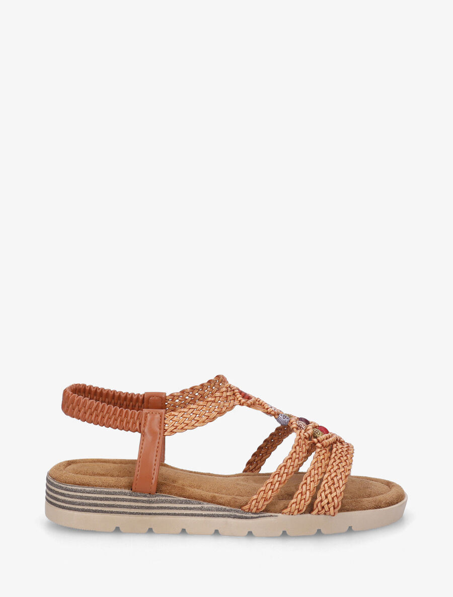 Nu-pieds élastiqués à perles en bois - Camel - 1