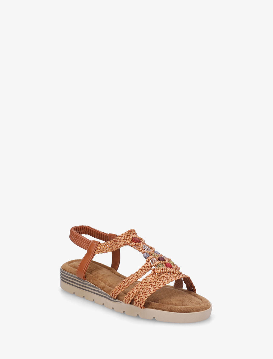 Nu-pieds élastiqués à perles en bois - Camel - 2