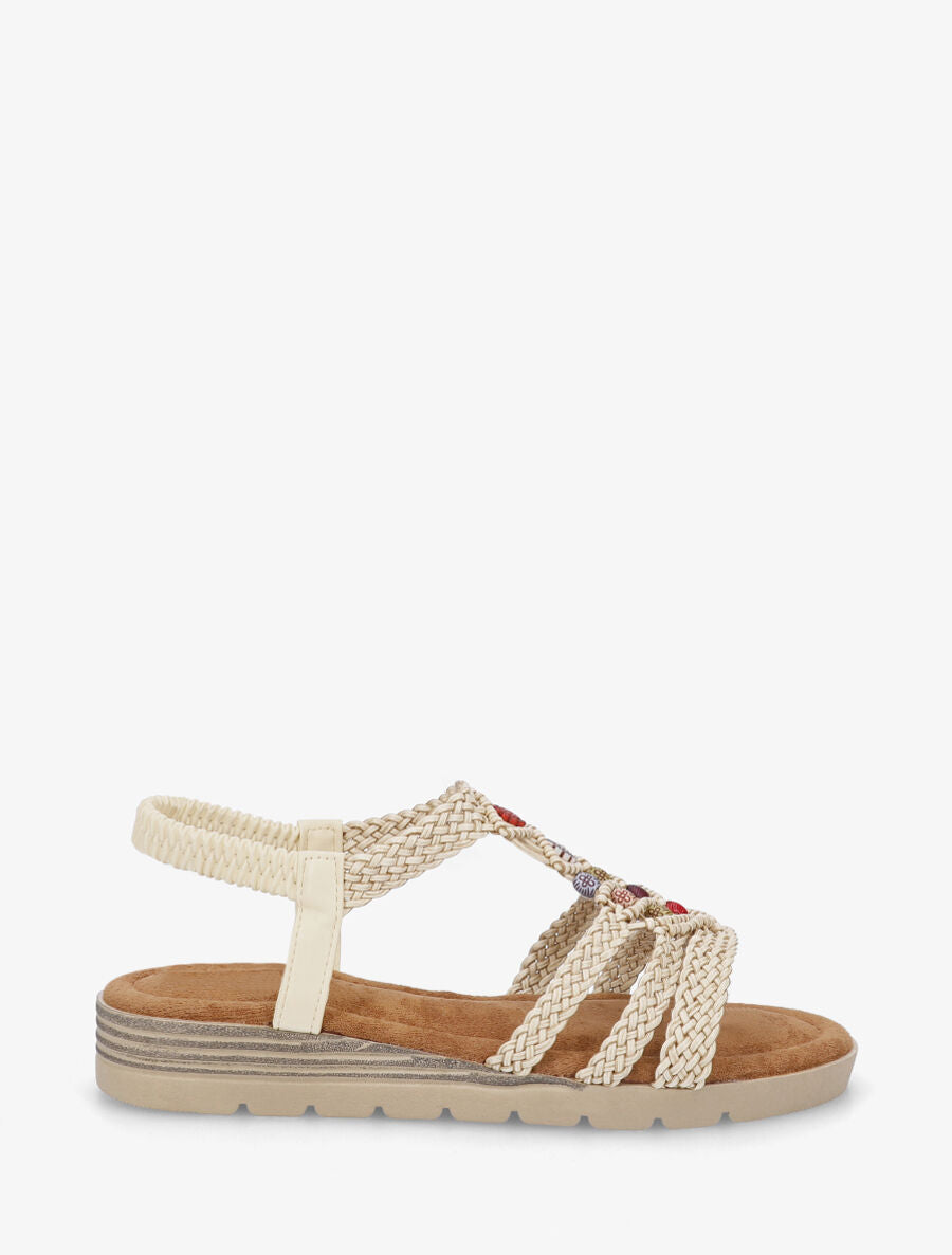 Nu-pieds élastiqués à perles en bois - Beige - 5