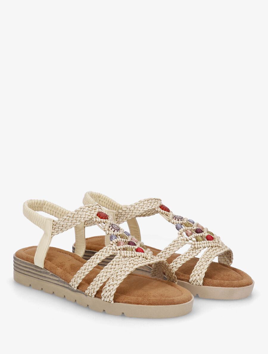 Nu-pieds élastiqués à perles en bois - Beige - 4