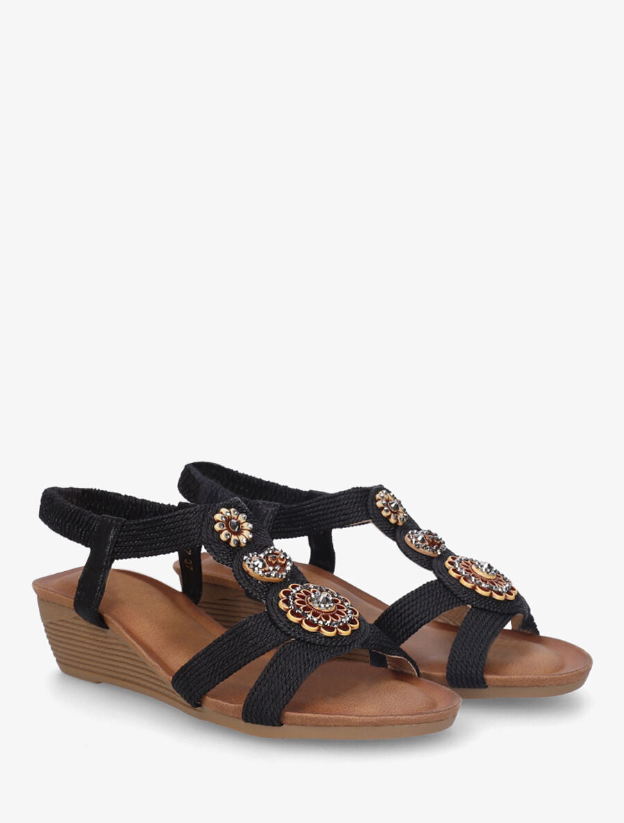 Sandales compensées cordes et strass - Noir - 4