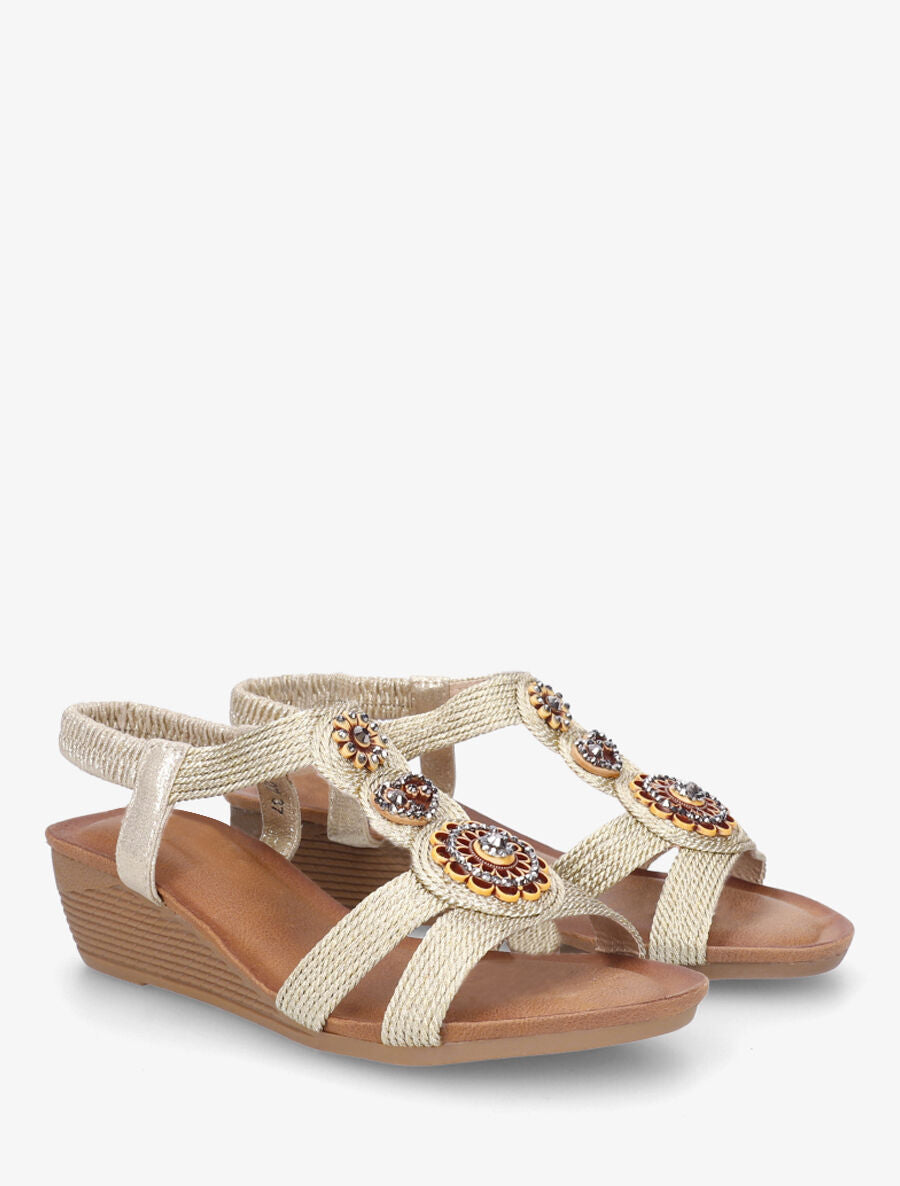 Sandales compensées cordes et strass - Or - 4