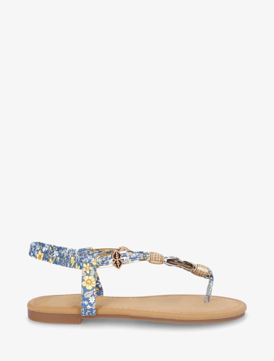Nu-pieds imprimé fleuri et perles en bois - Bleu - 5