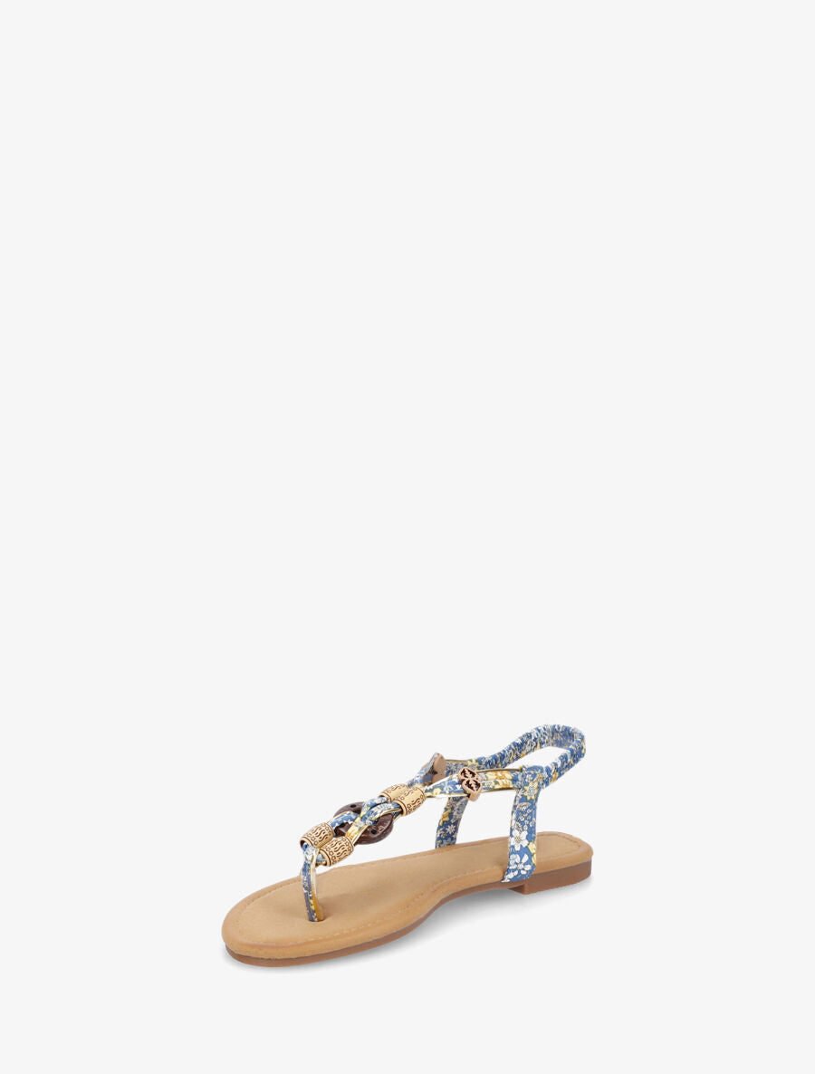 Nu-pieds imprimé fleuri et perles en bois - Bleu - 3