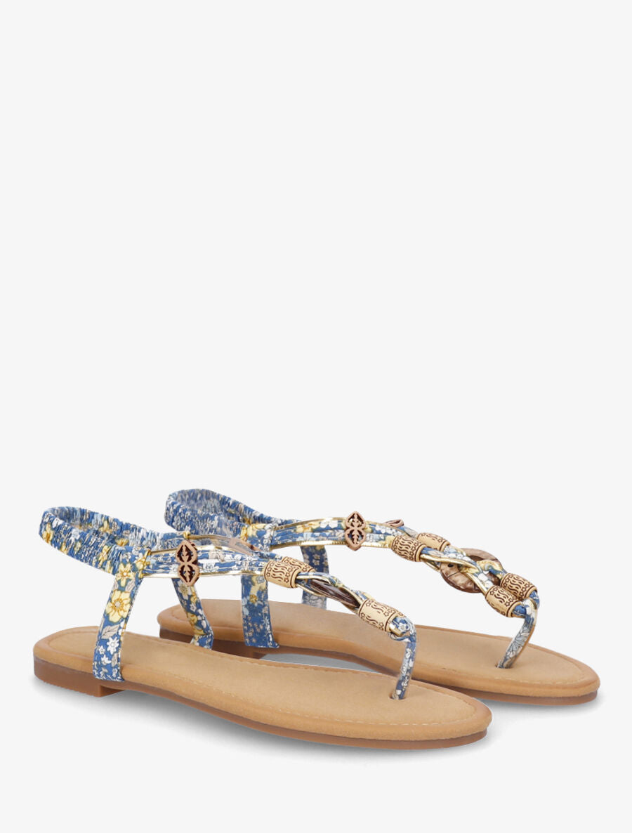 Nu-pieds imprimé fleuri et perles en bois - Bleu - 4