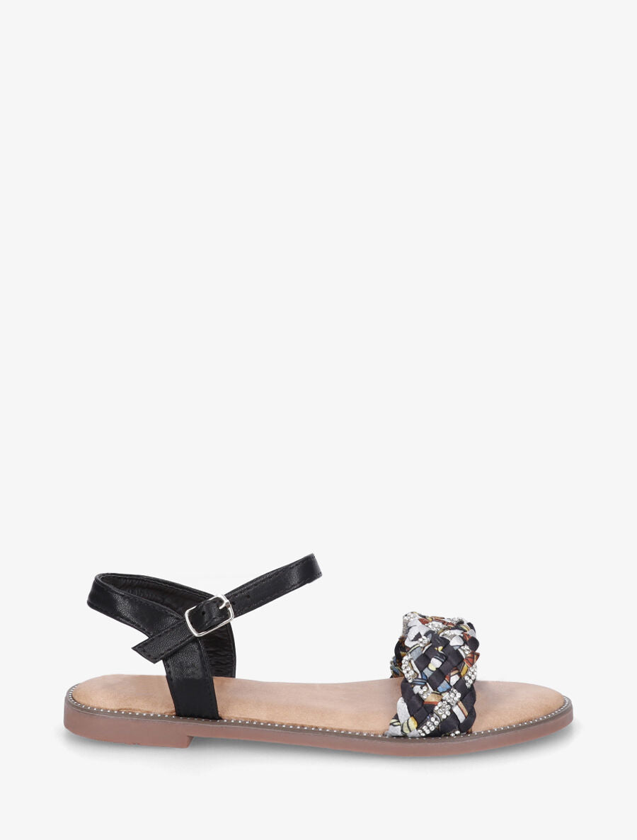 Nu-pieds à brides à foulard fantaisie et strass - Noir - 1