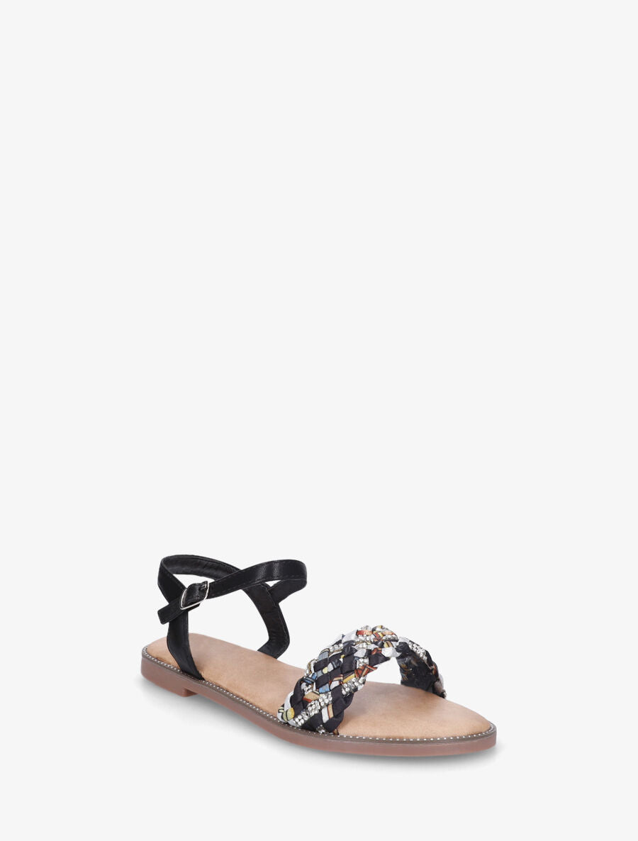 Nu-pieds à brides à foulard fantaisie et strass - Noir - 2