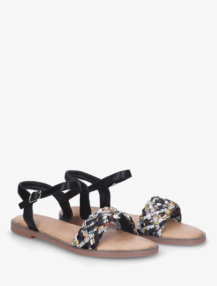Nu-pieds à brides à foulard fantaisie et strass - Noir - 4