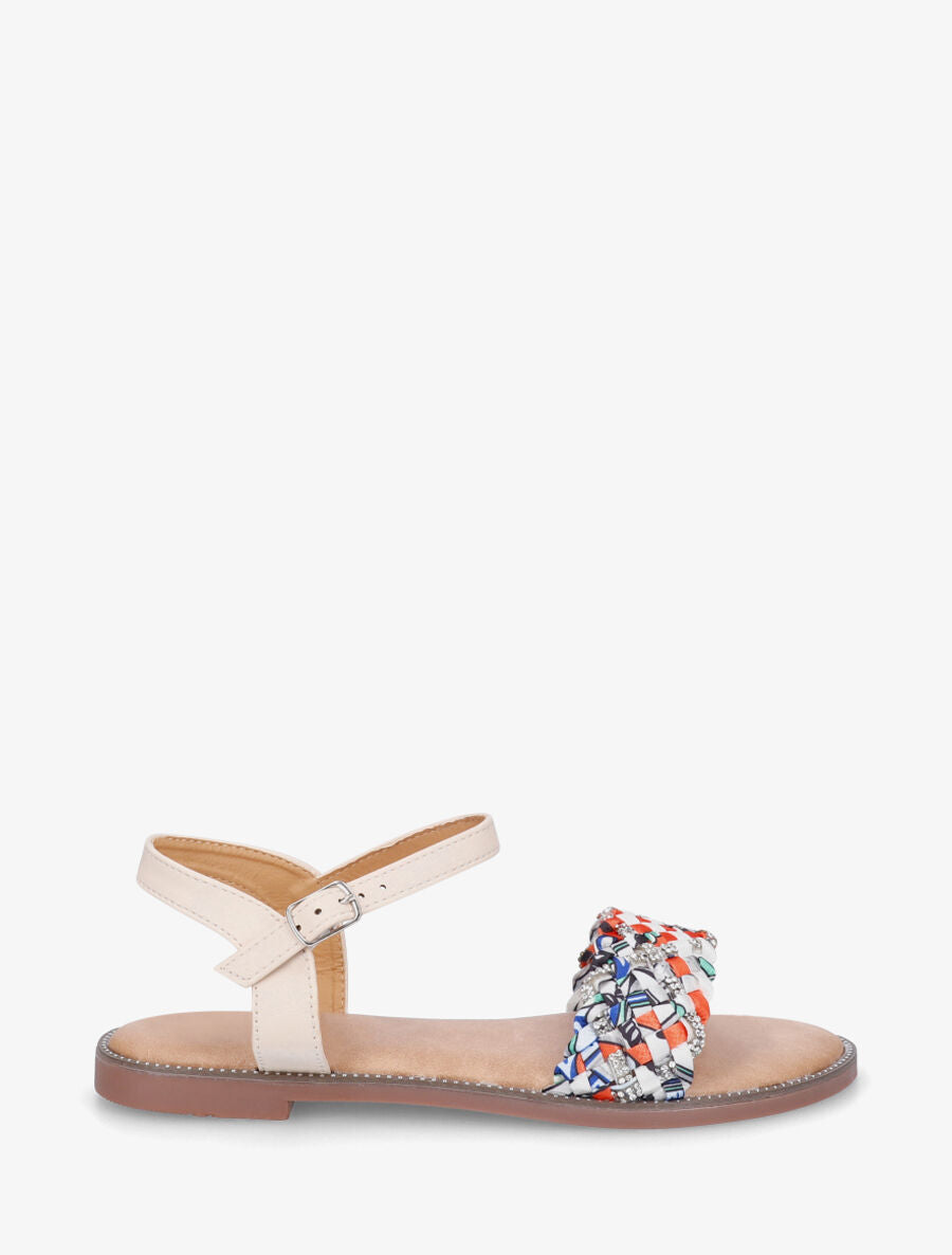 Nu-pieds à brides à foulard fantaisie et strass - Beige - 1