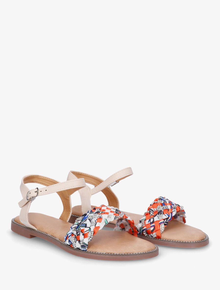 Nu-pieds à brides à foulard fantaisie et strass - Beige - 4