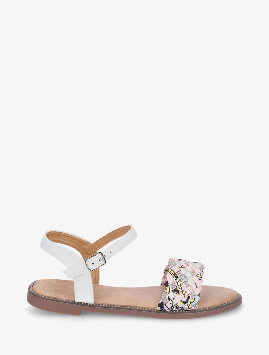 Nu-pieds à brides à foulard fantaisie et strass - Blanc - 1