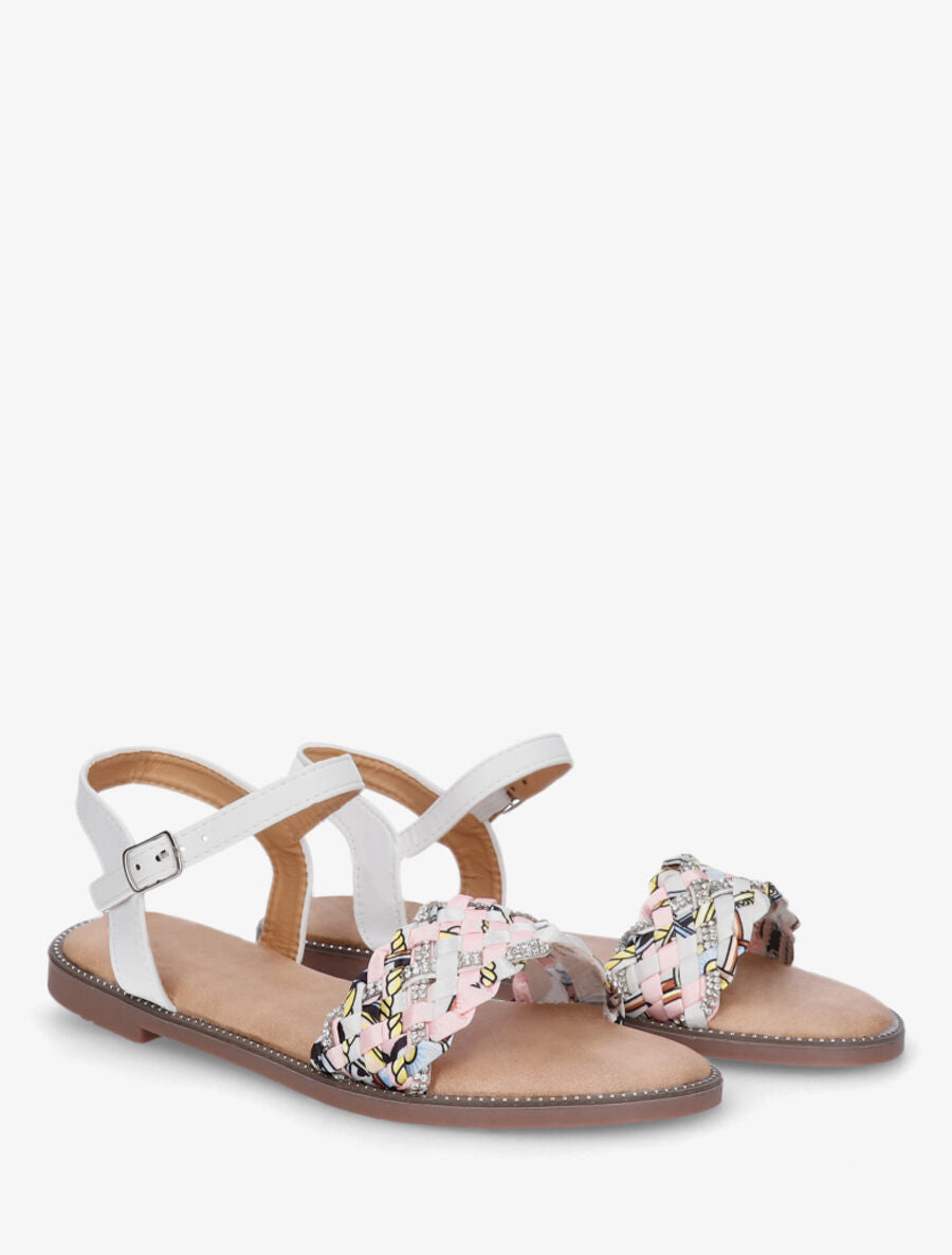 Nu-pieds à brides à foulard fantaisie et strass - Blanc - 4