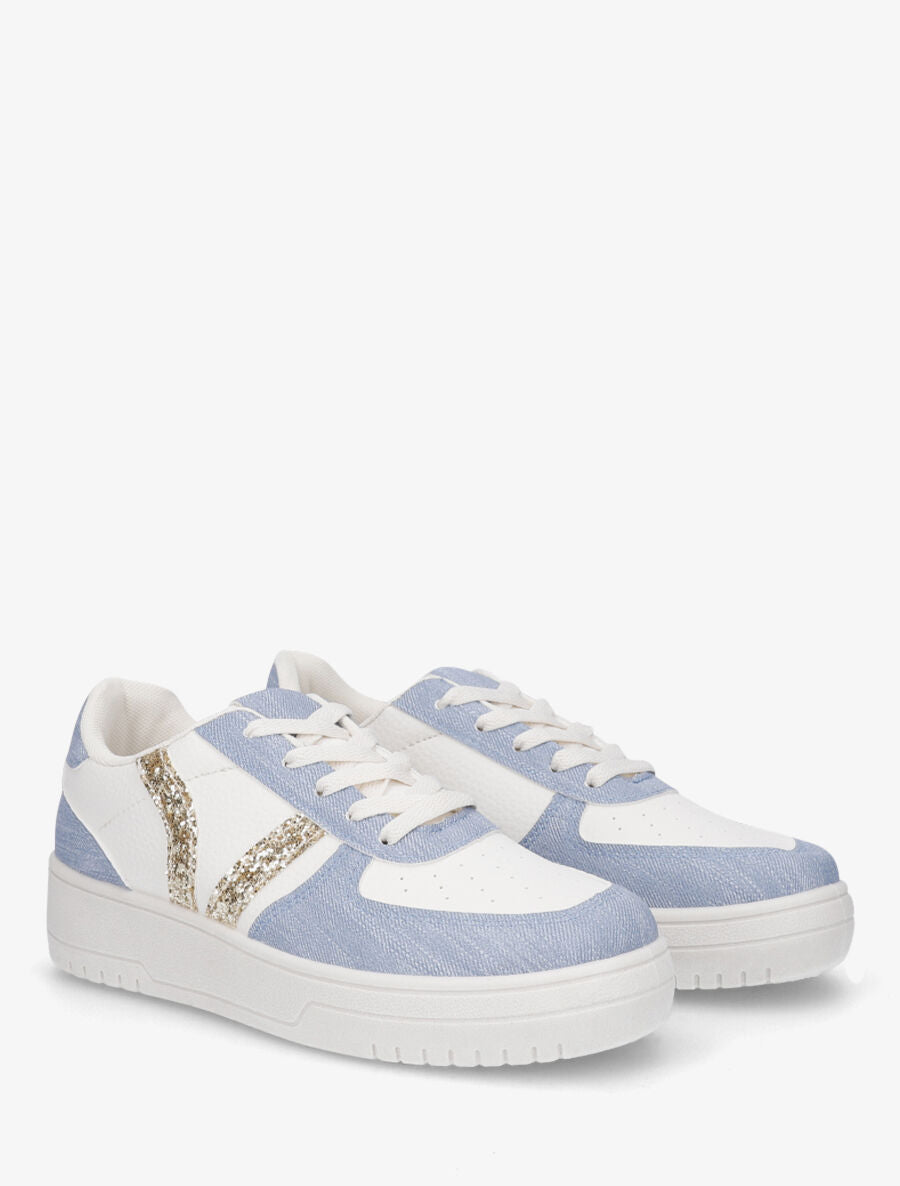 Sneakers à lacets et bandes à paillettes - Bleu - 4