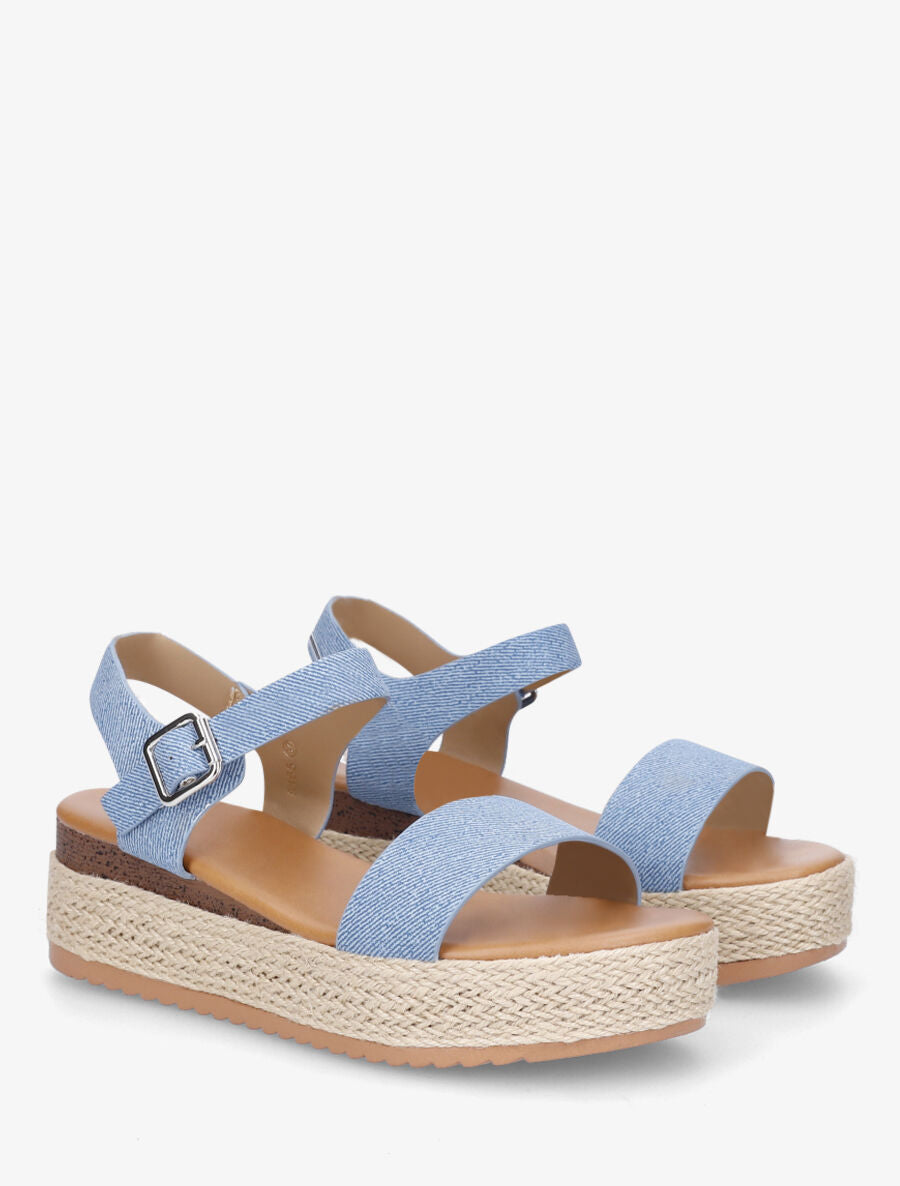 Sandales compensées à brides en tissu - Bleu denim - 4