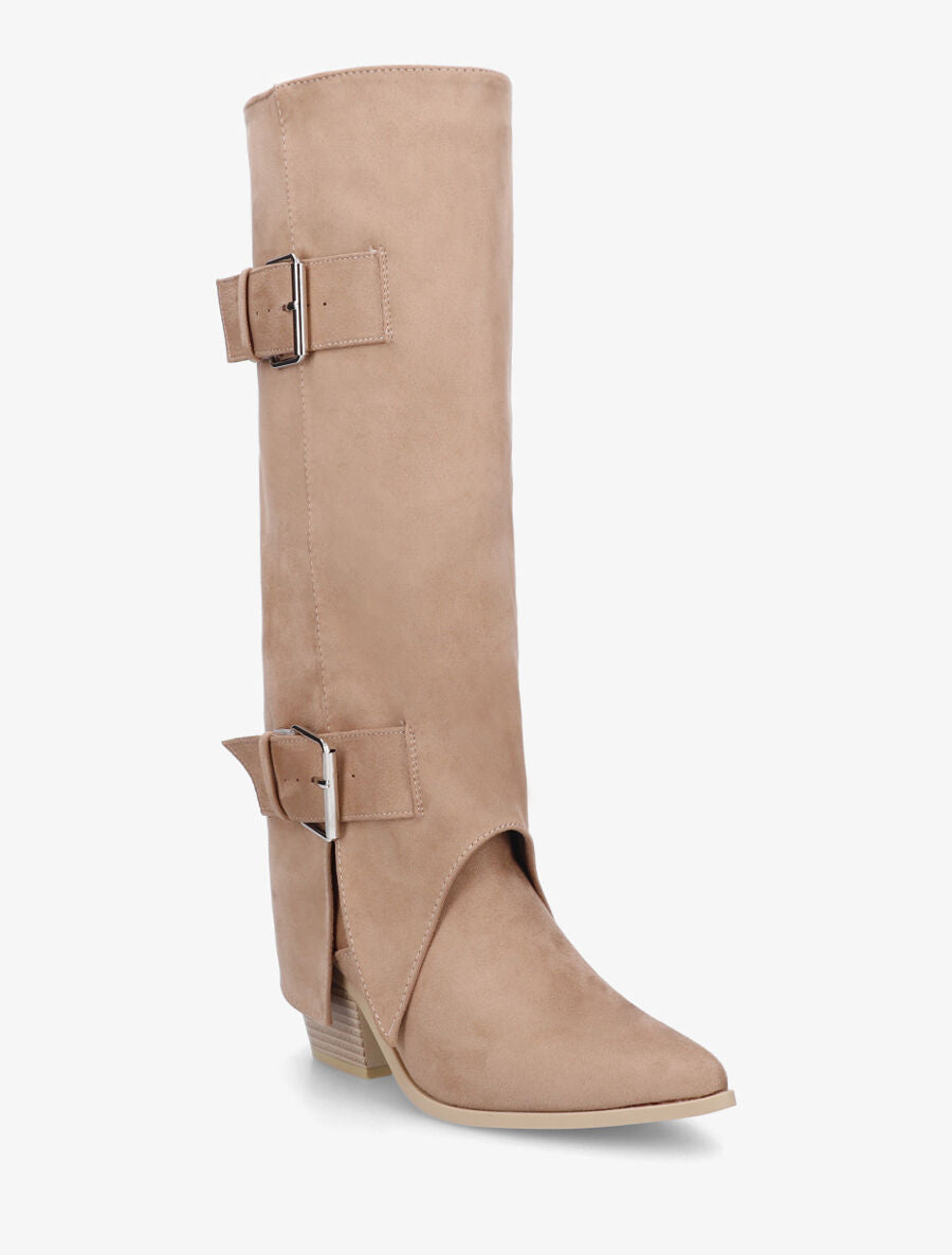 Bottes en suédine à revers et ceinturons - Beige - 2