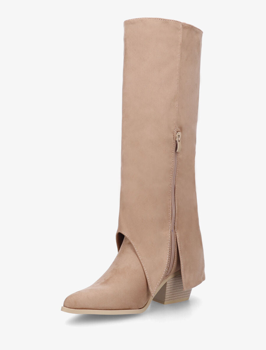 Bottes en suédine à revers et ceinturons - Beige - 3