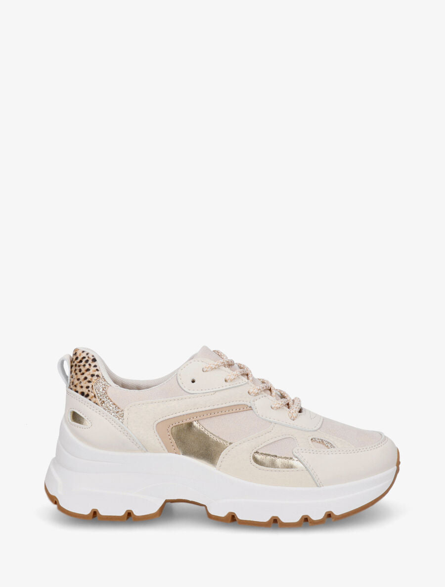 Baskets bimatière à lacets stylisés - Beige - 1