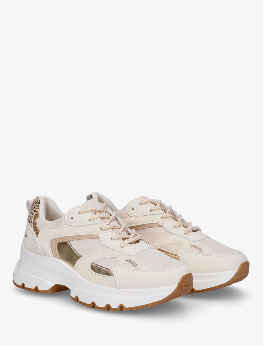 Baskets bimatière à lacets stylisés - Beige - 4