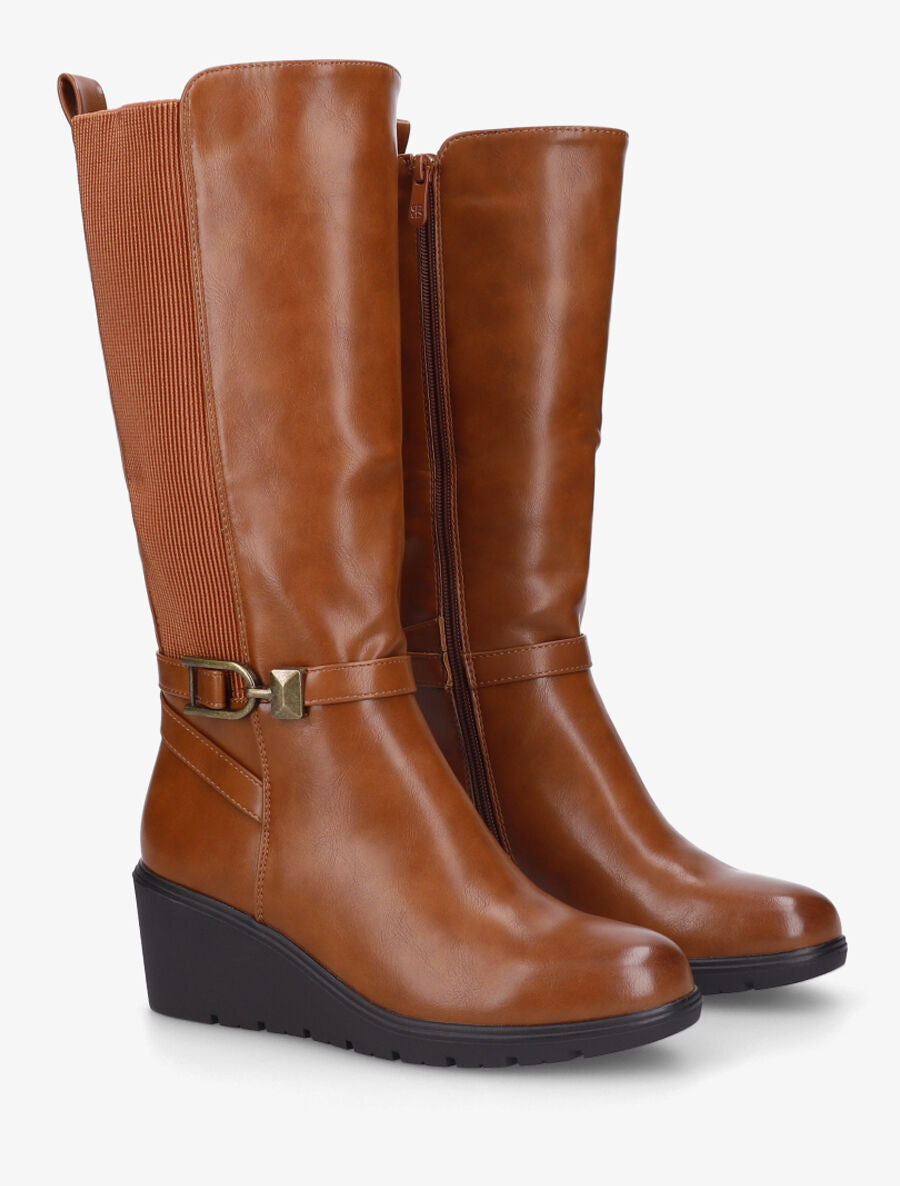 Bottes élastiquées à talon compensé - Camel - 4