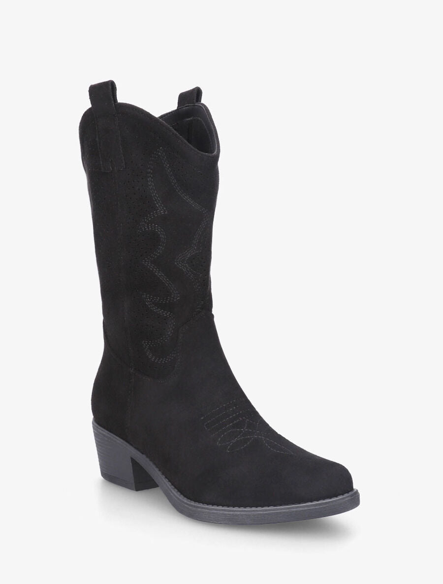 Bottines en suédine ajourées style santiags - Noir - 2