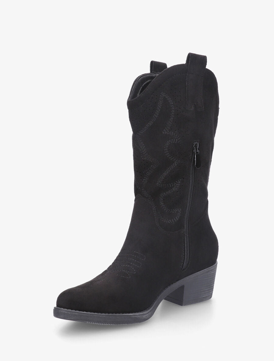 Bottines en suédine ajourées style santiags - Noir - 3