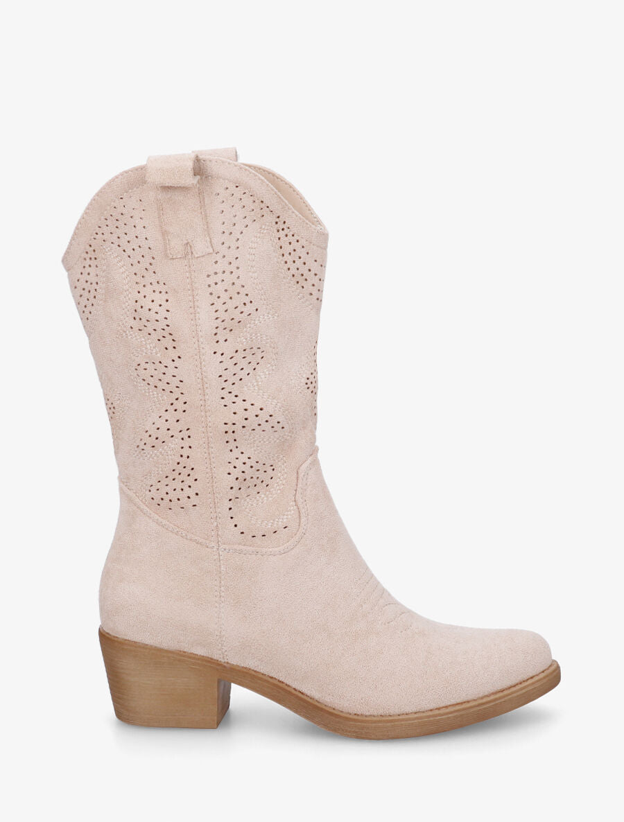 Bottines en suédine ajourées style santiags - Beige - 1