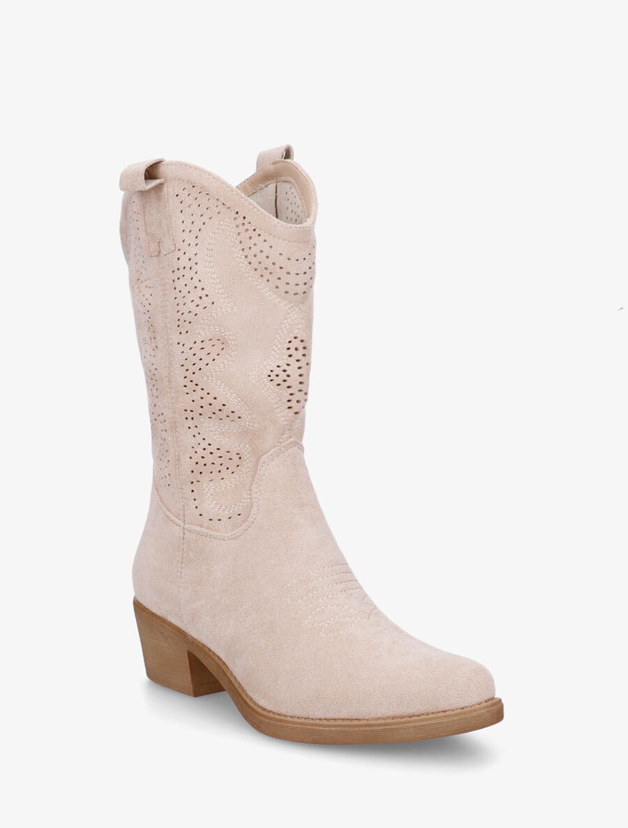 Bottines en suédine ajourées style santiags - Beige - 2